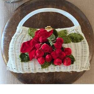 Vintage White Plastic Wicker Basket Purse Red Cherry Applique Picnic Bag
